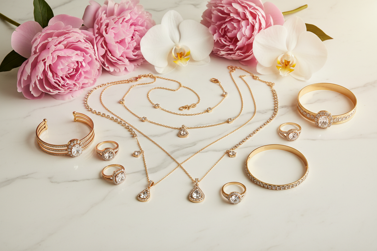 Bannière bijoux dorés strass pivoine orchidée
